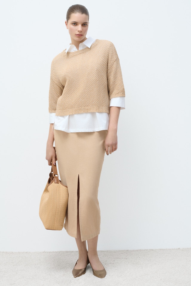 Lookbook: Blouse met knopen op rug + Kokerrok met linnenlook + Tweekleurige pull met structuur + Schoudertas met gespsluiting + Slingback met kitten heel