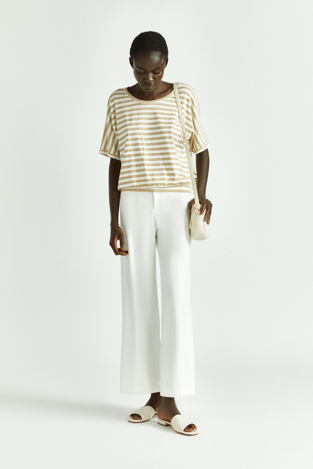 Lookbook: Pantalon extensible à jambes larges + T-shirt rayé en lurex + Sac à bandoulière + Mules en cuir