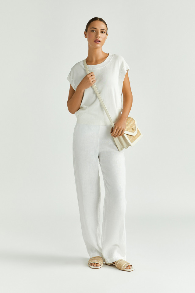 Lookbook: Linnen broek met rechte pijpen + Mouwloze pull met fantasieboord + Zomerse slipper