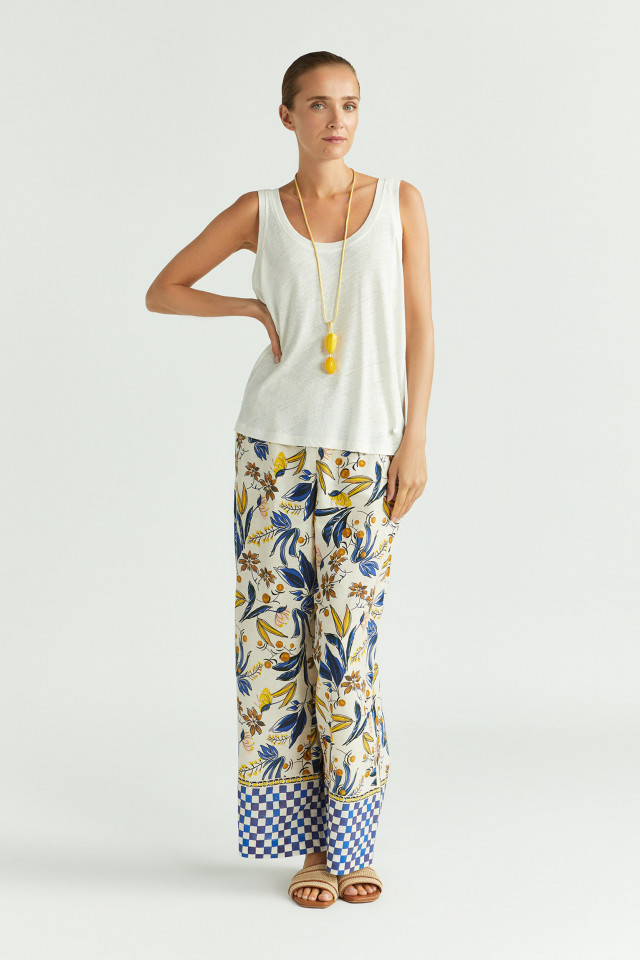 Lookbook: Pantalon Dolce Vita + Haut sans manches à encolure ronde + Mules d’été + Collier avec pierres précieuses remarquables