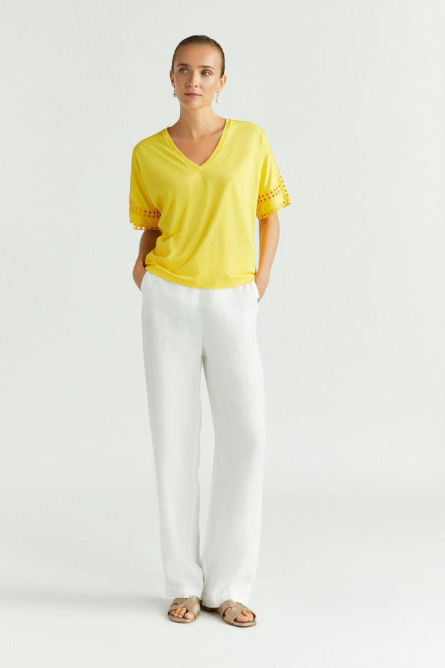 Lookbook: Linen trousers with straight legs + Cotton T-shirt + Xandres sandals + Teardrop earrings