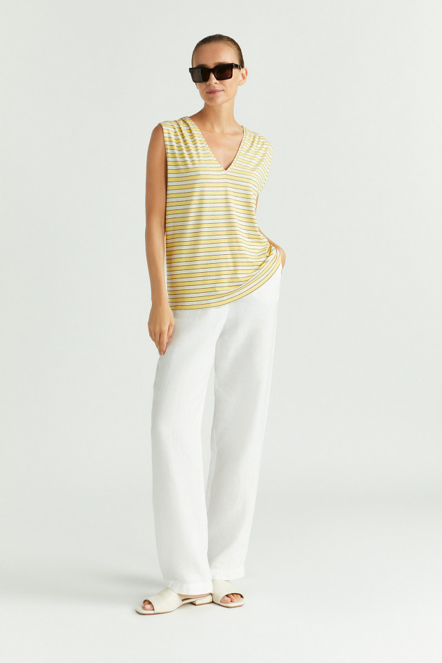 Lookbook: Pantalon en lin à jambes droites + Haut rayé sans manches + Mules en cuir + Lunettes de soleil recyclables