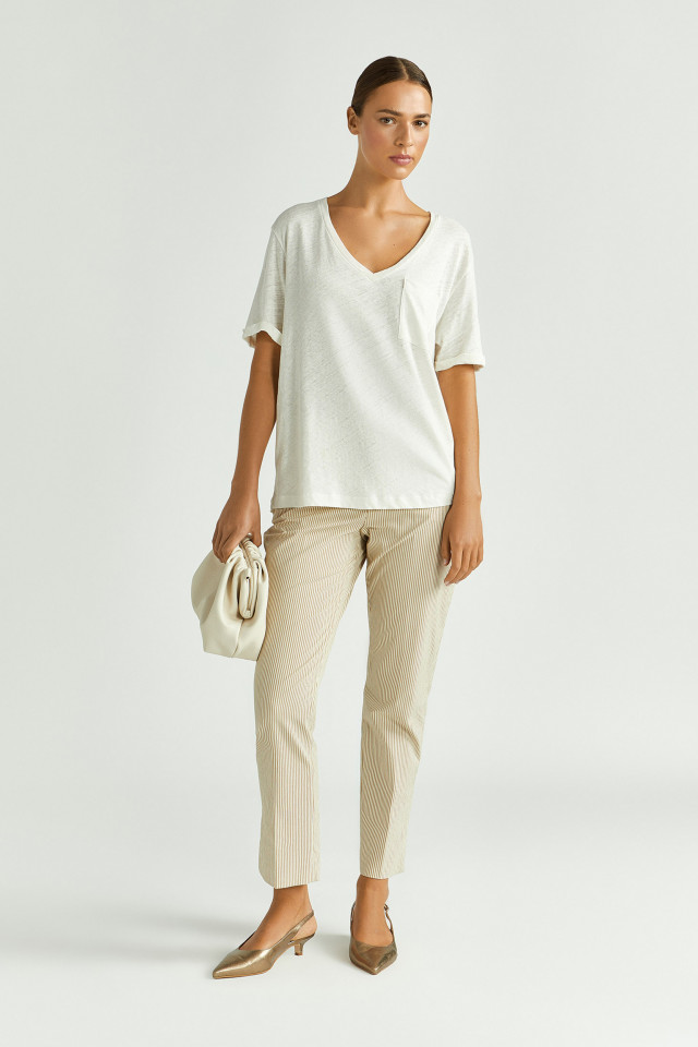 Lookbook: Smalle gestreepte broek + Basis T-shirt met V-hals + Cloud bag clutch + Slingback met kitten heel
