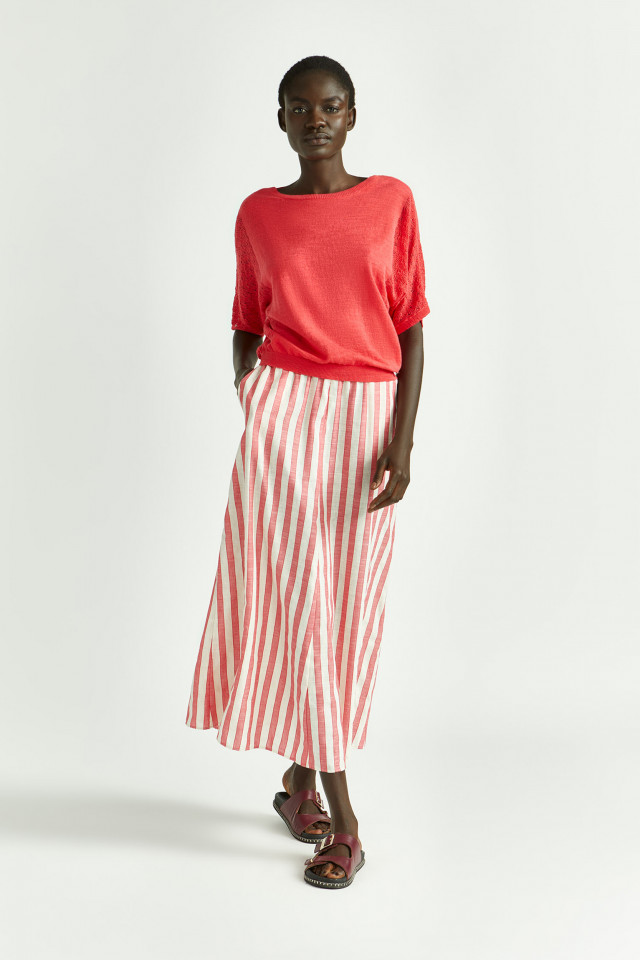 Lookbook: Gestreepte A-lijn rok + Pull met ajourbrei + Zomerslipper