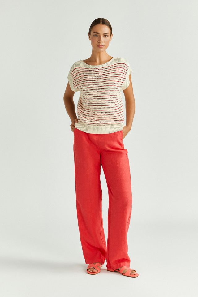 Lookbook: Linnen broek met rechte pijpen + Mouwloze pull met grote breisteek + Xandres slippers