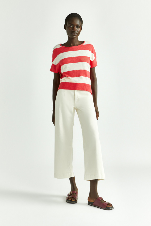 Lookbook: Pull met blokstrepen + Jeansbroek met tailleband + Zomerslipper