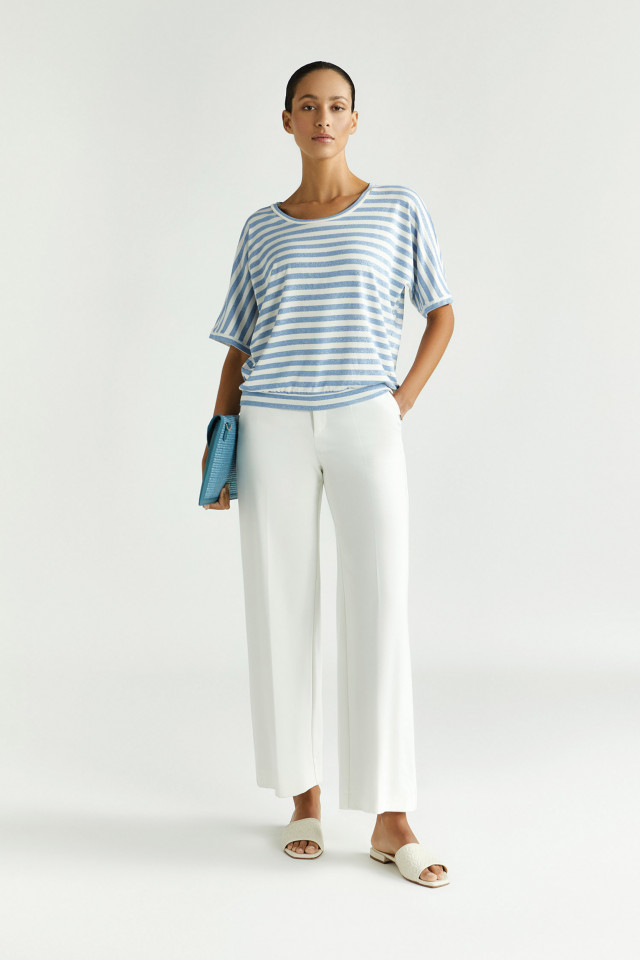 Lookbook: Pantalon extensible à jambes larges + T-shirt rayé en lurex + Pochette élégante avec raphia + Mules en cuir