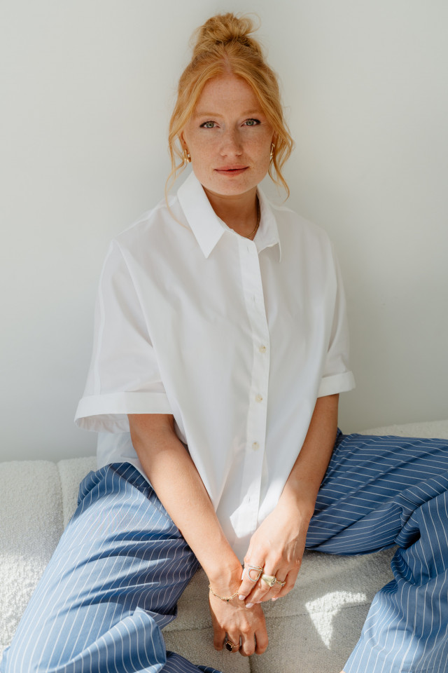 Lookbook: Organic cotton blouse + Striped wide-leg trousers