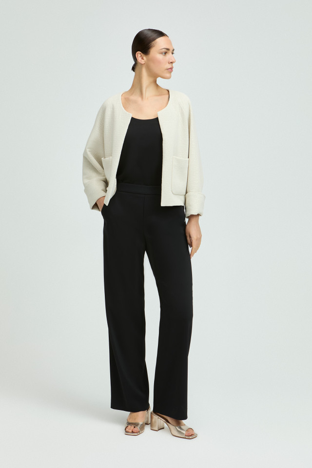 Lookbook: Short jacket with sequins + Party heels + Black spaghetti-strapped top + Black loose-fitting trousers