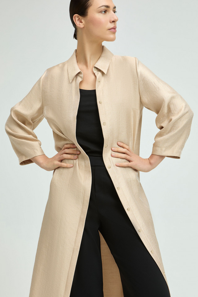 Lookbook: Shiny shirt dress + Party heels + Black spaghetti-strapped top + Black loose-fitting trousers