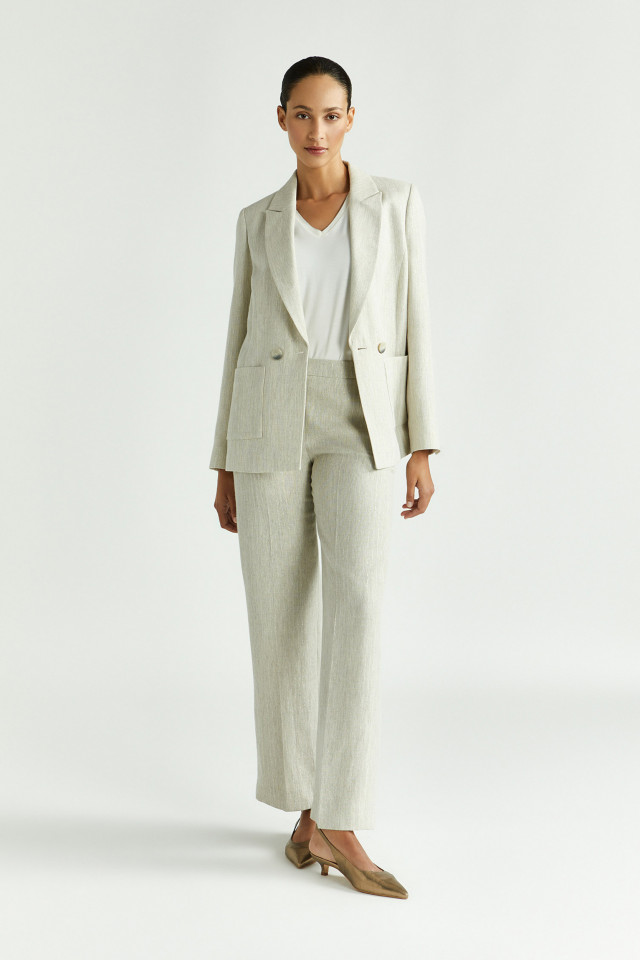 Lookbook: Blazer met pinstripe in lurex + Jersey T-shirt met V-hals + Broek met pinstripe in lurex + Slingback met kitten heel