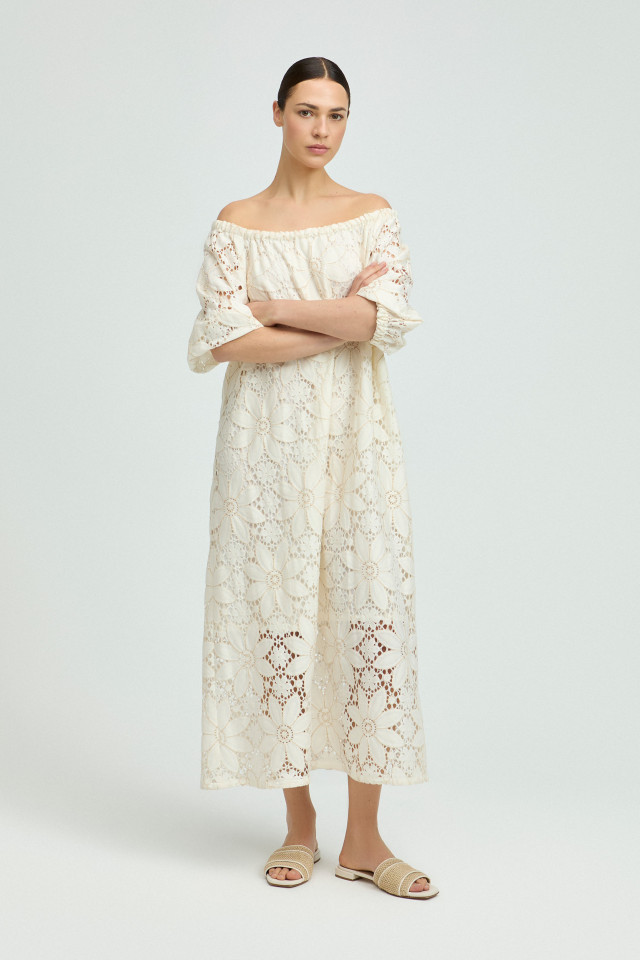 Lookbook: Schulterfreies Kleid mit Lochstickerei + Sommerliche Slipper