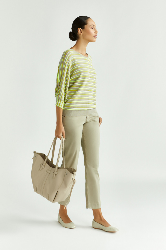 Lookbook: Pull rayé à manches bouffantes + Pantalon doux à jambes larges + Grand sac à bandoulière en faux cuir + Ballerines confortables