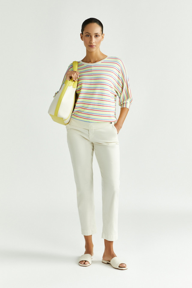 Lookbook: Pull rayé à manches bouffantes + Pantalon doux à jambes larges + Sac élégant avec structure en lin + Mules en cuir