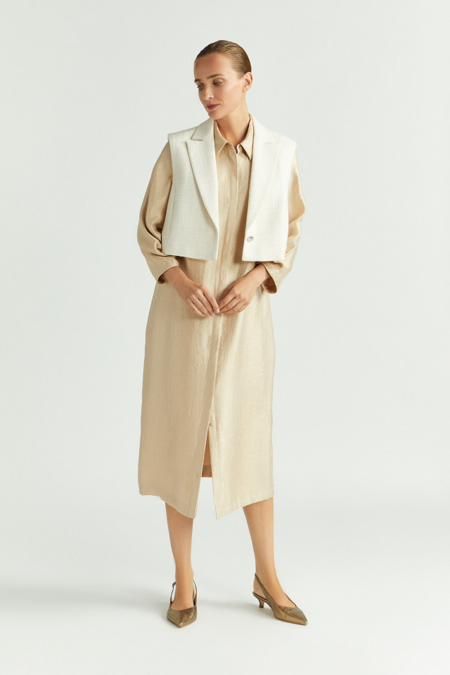 Lookbook: Glanzende hemdjurk + Geruite blazerjas zonder mouwen + Slingback met kitten heel