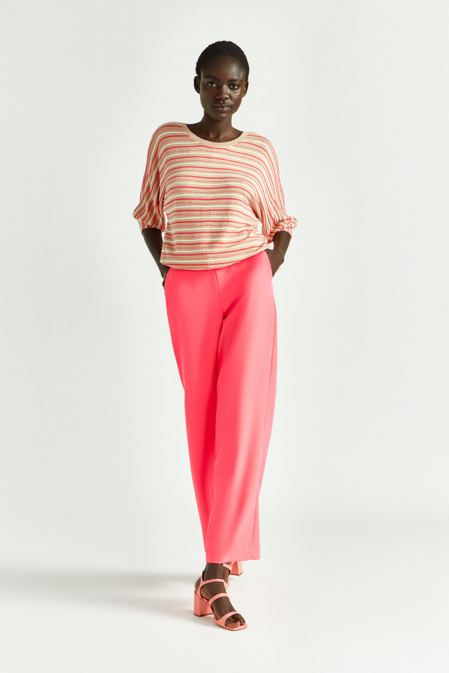 Lookbook: Gestreepte pull met pofmouw + Soepelvallende broek met wijde pijpen + Sandalen met blokhak