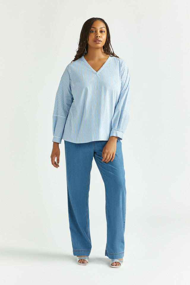 Lookbook: Jeansbroek met wijde pijpen + Feestelijke hakken + Gestreepte blouse met stretch