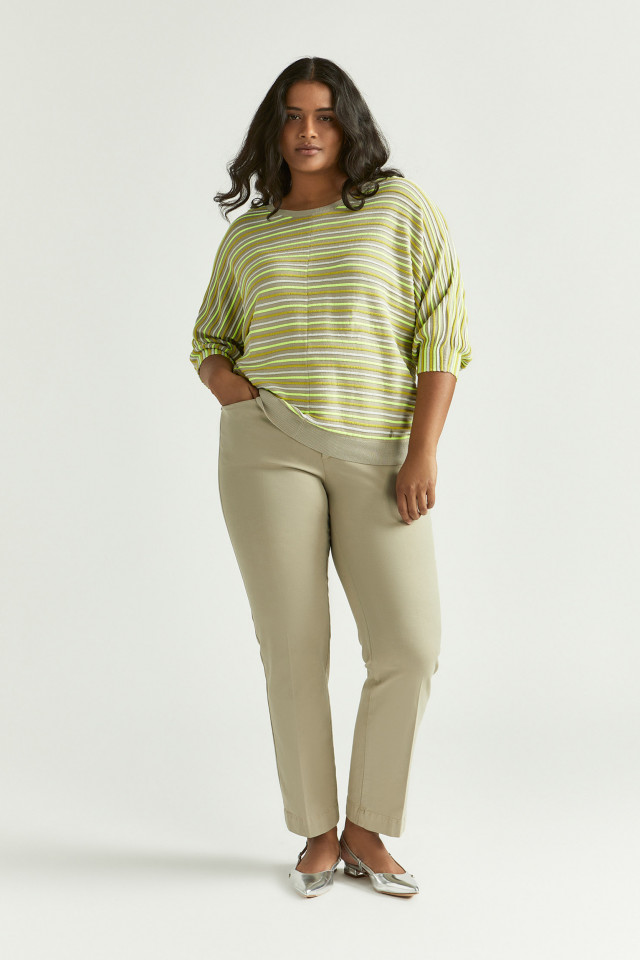 Lookbook: Gestreepte pull met pofmouw + Zachte broek met stretch + Elegante slingback