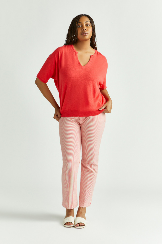 Lookbook: Petit pull en coton et en lin + Mules en cuir + Pantalon estival rayé