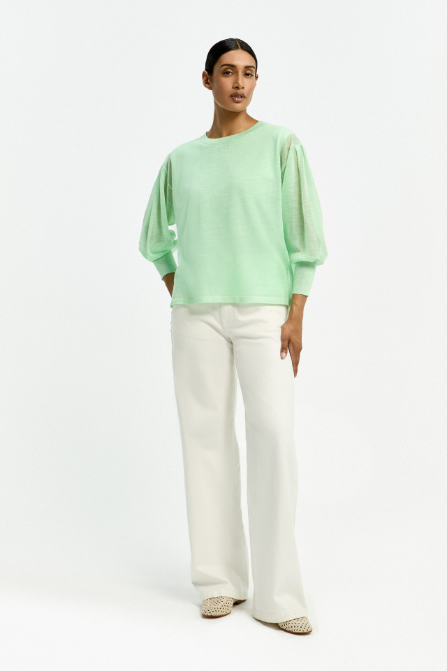 Lookbook: Pull avec manches et dos en organza + Jean à taille haute + Mocassins en rotin