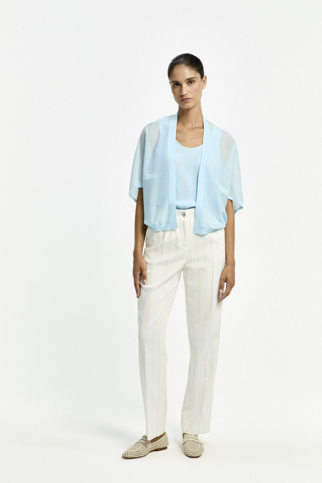 Lookbook: Broek met elegante krijtstrepen + Luchtige damesgilet  + Topje in elegante parelsteek + Loafers met rotan