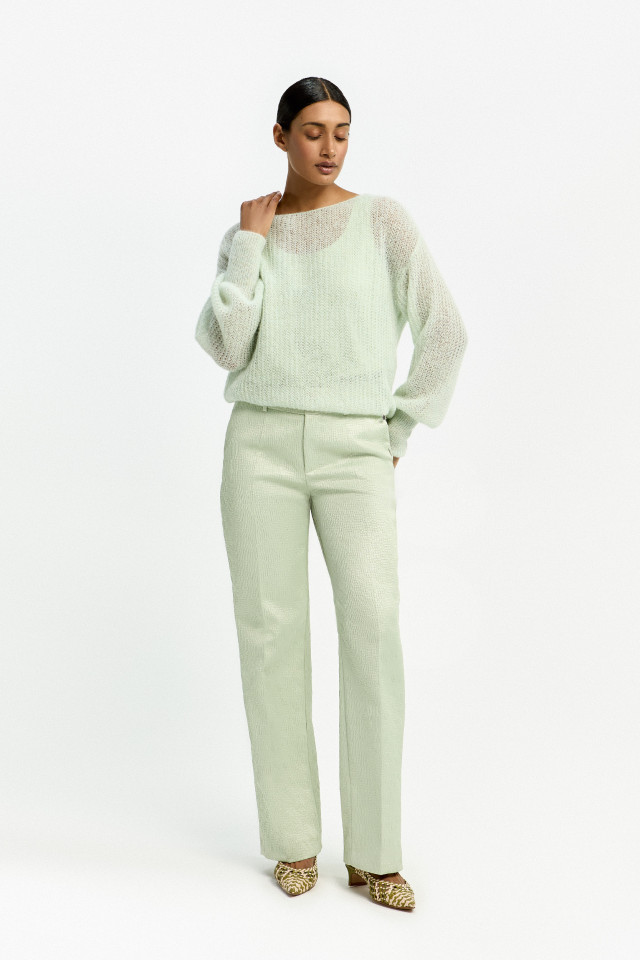 Lookbook: Jacquard trousers with subtle lurex + Loose-knit pullover in alpaca wool + Silk top in luxury quality + Woven leather slingback