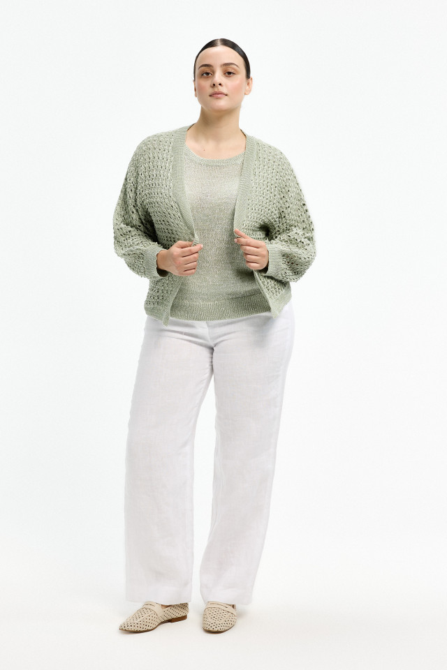 Lookbook: Cardigan with crochet pattern + Loose openwork knit jumper + Summer linen trousers + Loafers with rattan